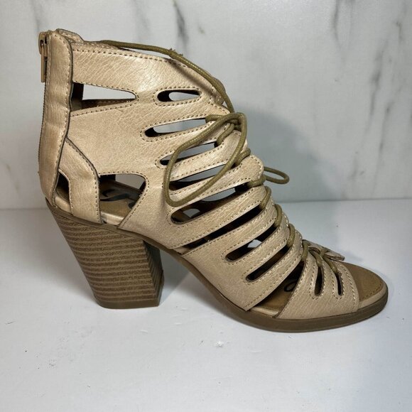 Rampage Heel Sandals Womens Size 6.5  Beige Lace Up Cut Out Peep Toe Leather - Picture 11 of 13